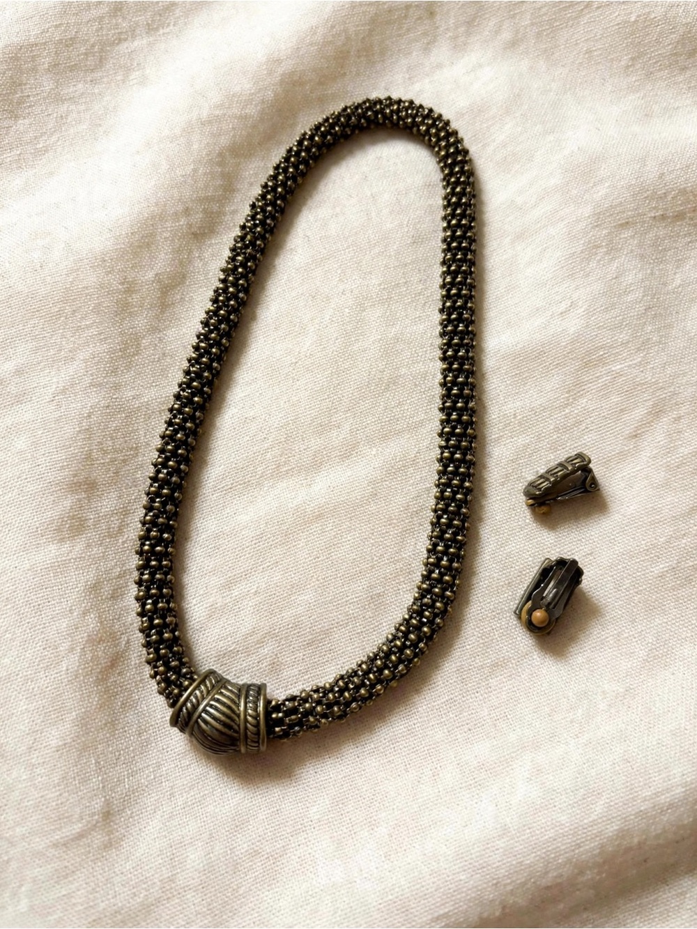 Vintage Bronze Mesh Collar Necklace + Earrings